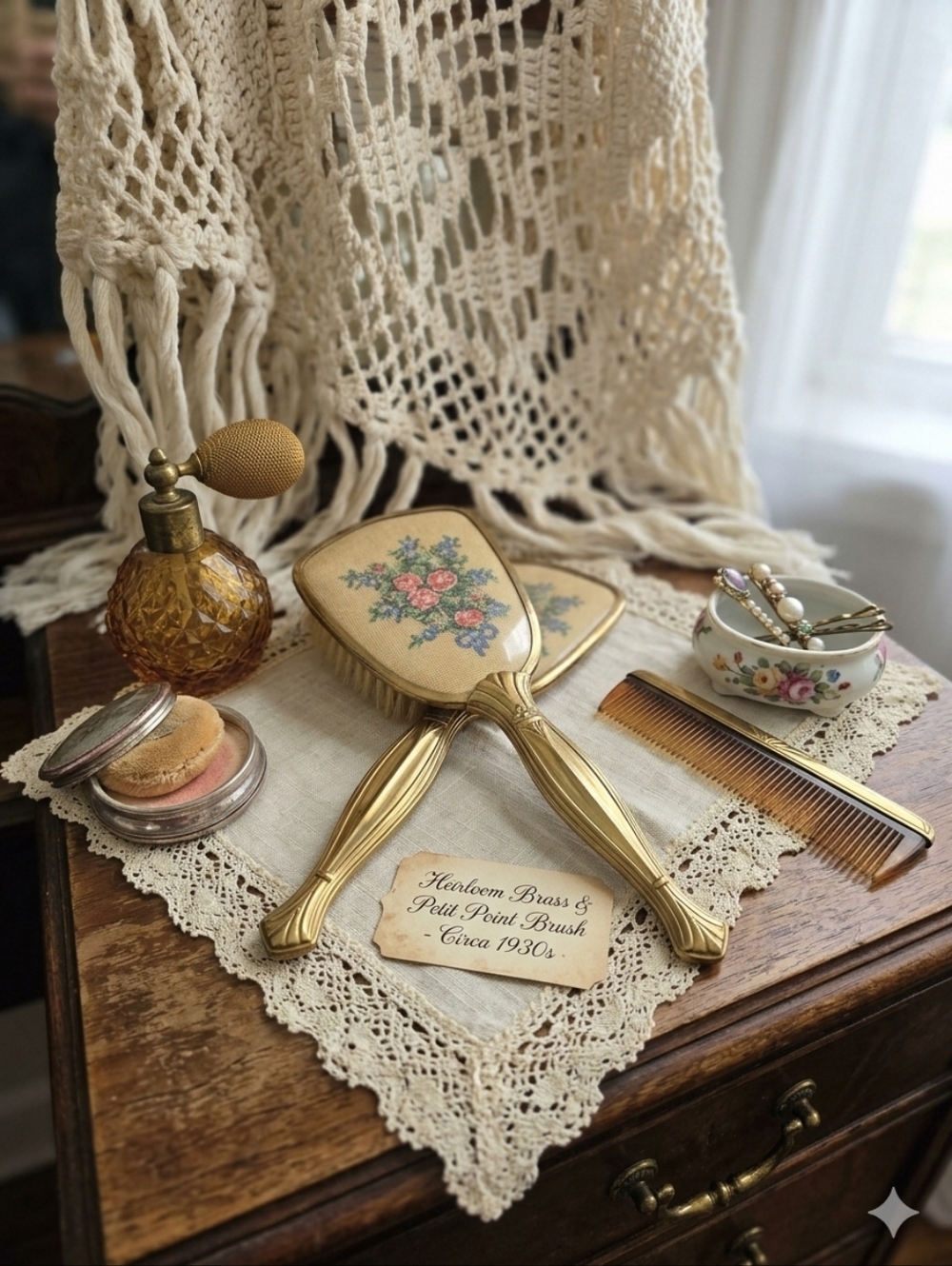 Vintage 1930s Floral Brass Hair Brush | Romantic Regency Vanity
